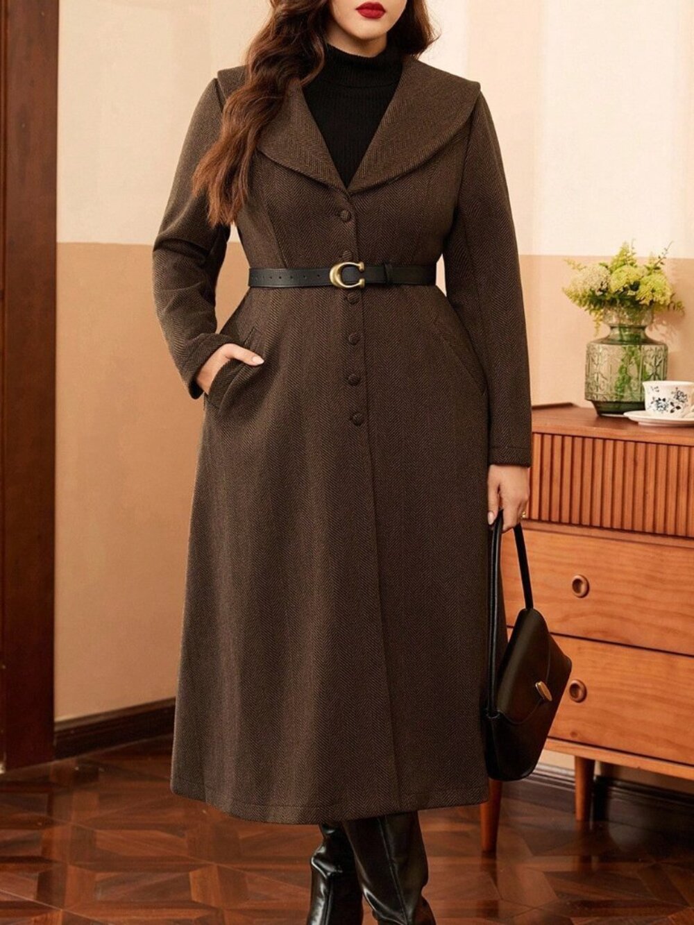 Coffee Brown Elegant Women's Plus Size Overcoat